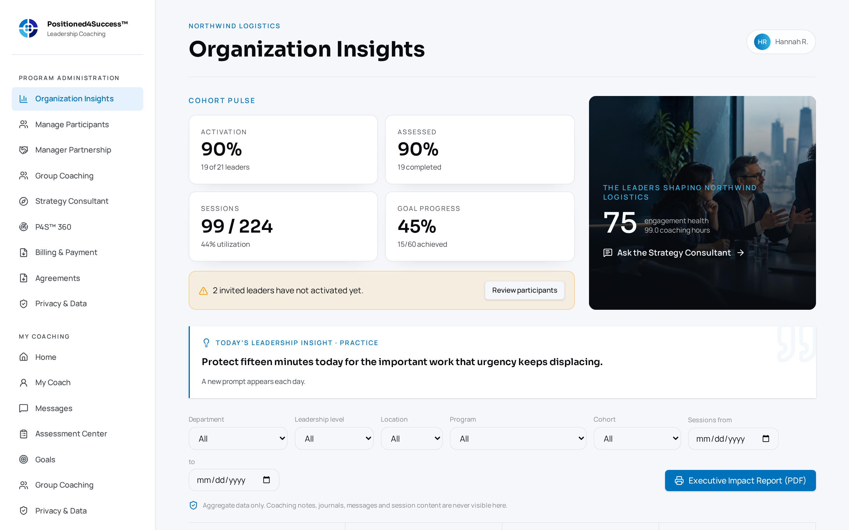 Video of the current Positioned4Success™ Program Administrator dashboard, including Manager Partnership, Group Coaching, leadership health, development priorities, and capability trends