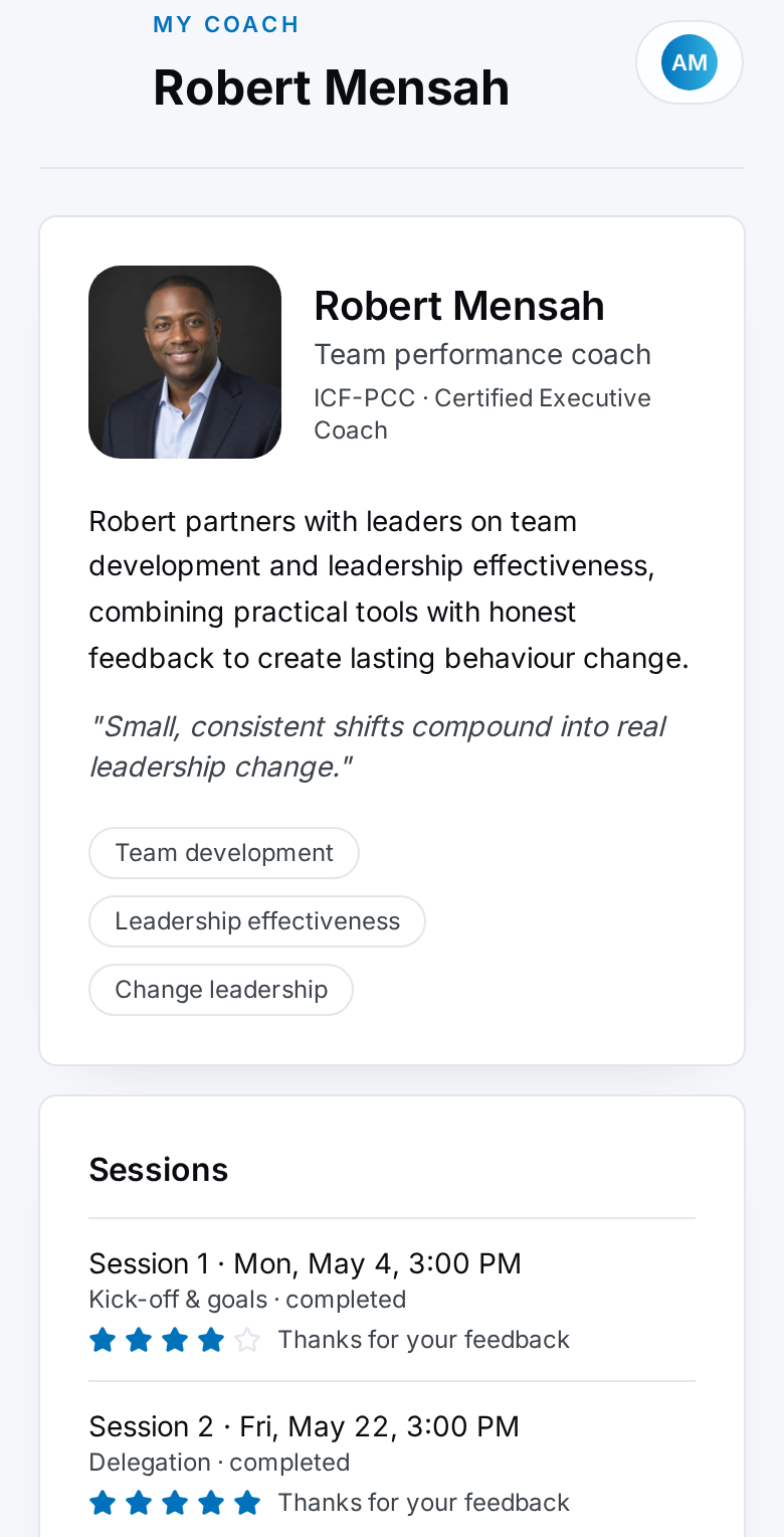 Positioned4Success™ mobile screen showing the leader's coach profile and upcoming coaching sessions