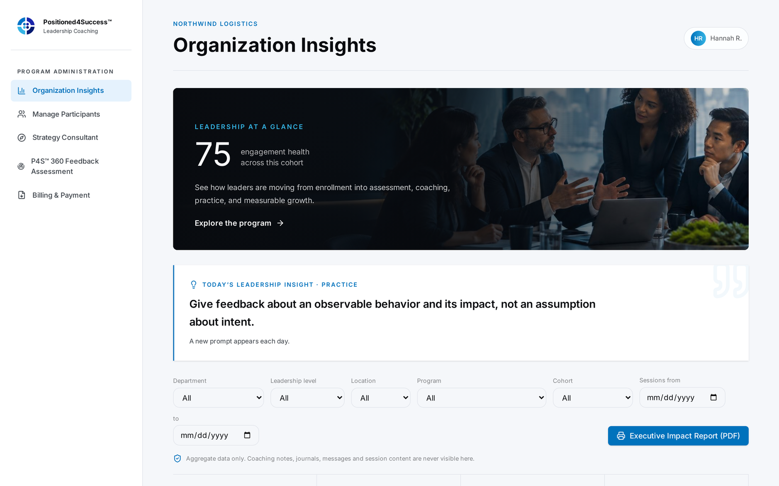 Video of the Positioned4Success™ Organization Insights dashboard scrolling through leadership health, development priorities, and capability trends for a client organization